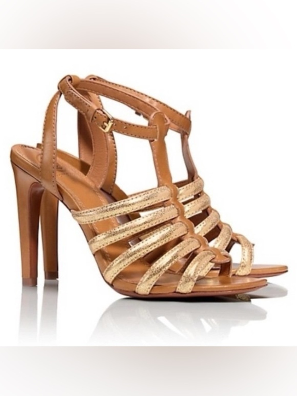 Tory Burch Leather Charlene Women's Tan and Gold Gladiator Heel Sandals size 7.5